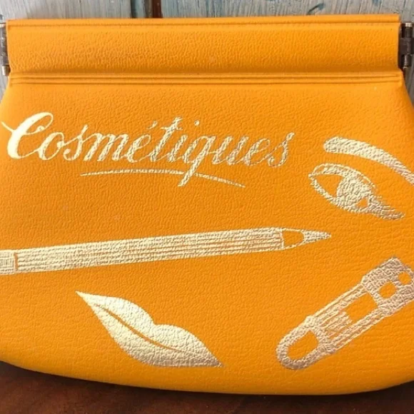Vintage 1950’s “cosmetiques” mustard pouch for purse w/silver script & pictures - Picture 2 of 11